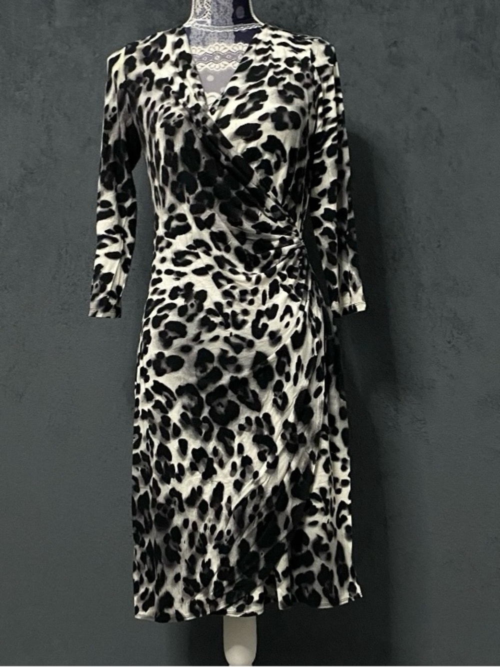 Tommy Bahama Womens Leopard Print Party Dress Small Black White Faux Wrap